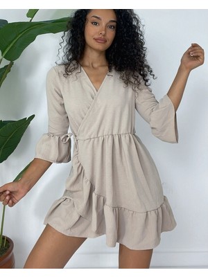 Moda Morfo Eteği ve Kolları Fırfırlı Beli Lastikli Ayrobin Elbise  -Açık Vizon