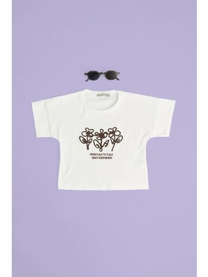 FullaModa Çiçek Nakışlı Kız Çocuk Crop Tişört