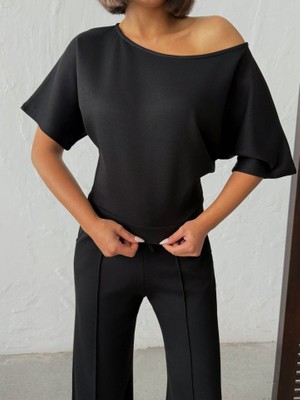 Kadın Isa Kollu Kayık Yaka Bluz ve Pantolon Misal Kumaş Ikili Takım