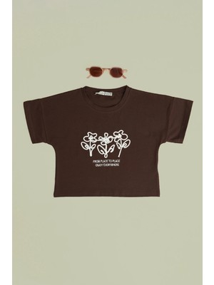FullaModa Çiçek Nakışlı Kız Çocuk Crop Tişört