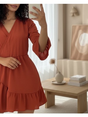 Moda Morfo Eteği Ve Kolları Fırfırlı Beli Lastikli Ayrobin Elbise  -Kiremit