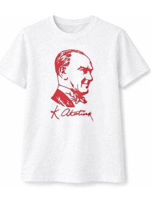 Asmedo Erkek Çocuk Atatürk Baskılı Tişört Kısa Kollu Bisiklet Yaka T-Shirt - Beyaz