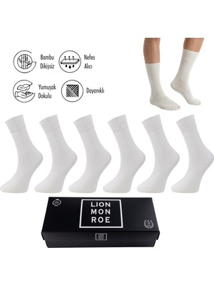 Lion Monroe Saf Bambu 4 Mevsim Erkek Soket Uzun Düz Kırık Beyaz Çorap Dikişsiz Premium Hediye Kutulu 6'lı Prime Bamboo Serisi L5952AZNB