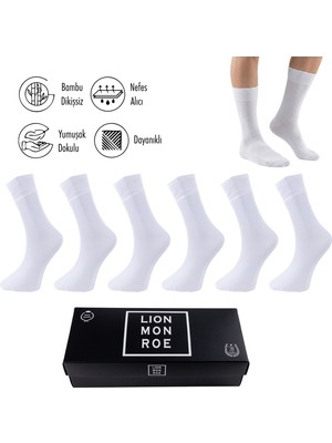 Lion Monroe Saf Bambu 4 Mevsim Erkek Soket Uzun Düz Beyaz Çorap Dikişsiz Premium Hediye Kutulu 6'lı Prime Bamboo Serisi L5952AZNB