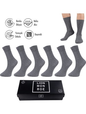 Lion Monroe Saf Bambu 4 Mevsim Erkek Soket Uzun Düz Gri Çorap Dikişsiz Premium Hediye Kutulu 6'lı Prime Bamboo Serisi L5952AZNB