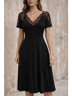 Cotton Lab Cottonlab Kadın Kısa Kollu V Dantel Yakalı Midi Viskon Elbise