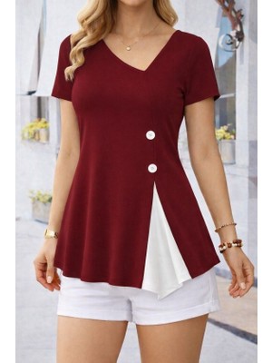 Cotton Lab Cottonlab Kadın Kısa Kollu Asimetrik V Yakalı Düğme Detaylı Viskon Bluz