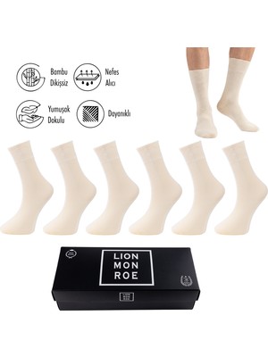 Lion Monroe Saf Bambu 4 Mevsim Erkek Soket Uzun Düz Krem Çorap Dikişsiz Premium Hediye Kutulu 6'lı Prime Bamboo Serisi L5952AZNB