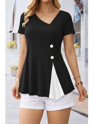 Livizmir Moda Kadın Kısa Kollu Asimetrik V Yakalı Düğme Detaylı Viskon Bluz