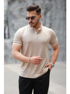 Erkek Düğme Yakalı Jakar Kumaş Kısa Kollu Tişört
