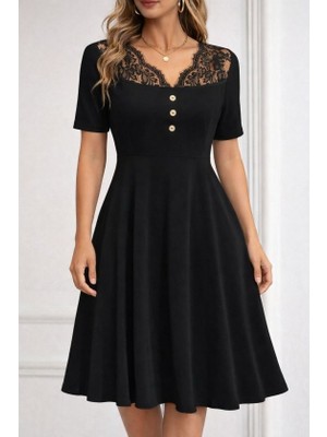 Livizmir Moda Kadın Kısa Kollu Dantel V Yakalı Düğmeli Kısa Janjan Krep Elbise