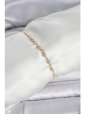 Renas Store Gold Renk Zincir Model Zirkon Taşlı Pirinç Asansörlü Kadın Bileklik - TJ-BB8332