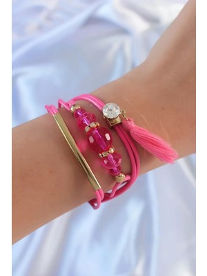 Renas Store Pembe Zirkon Taşlı Ipli Püskül Detay Çoklu Bileklik - TJ-BB6360