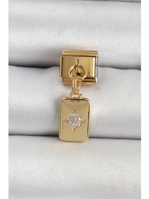 Renas Store Çelik Sallantılı Zirkon Taşlı Kutup Yıldızı Figürlü Dikdörtgen Model Gold Renk Nomination Char