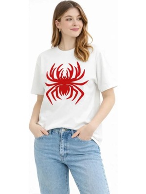 Passense Örümcek Baskılı Tişört Kısa Kollu Bisiklet Yaka T-Shirt - Beyaz