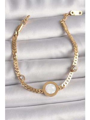 Renas Store Çelik Gold Renk Yassı Zincir Model Zirkon Taş Detaylı Beyaz Mineli Madalyon Model Kadın Bilekl