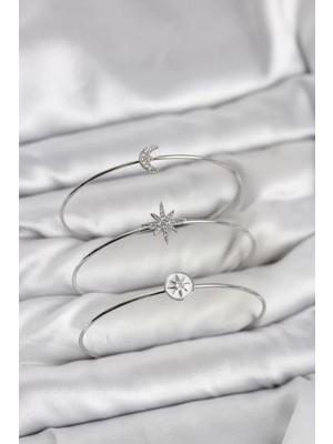 Renas Store Gümüş Renk Zirkon Taşlı Kutup Yıldızı Model 3'lü Kadın Bileklik Kombini - TJ-BB8354