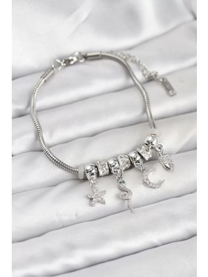 Renas Store Pirinç Gümüş Renk Yılan Charmlı Kadın Bileklik - TJ-BB8182