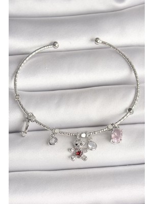 Renas Store Pirinç Gümüş Renk Sallantı Zirkon Taşlı Ayıcık Figür Kırmızı Taş Detay Charm Kadın Bileklik -