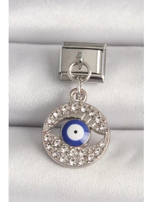 Renas Store Çelik Gümüş Renk Zirkon Taşlı Göz Model Nazar Boncuk Detay Nomination Charm - TJ-BC1217