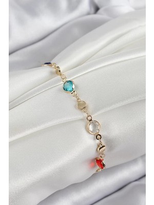 Renas Store Pirinç Karışık Renk Zirkon Taşlı Gold Renk Kadın Bileklik - TJ-BB7051