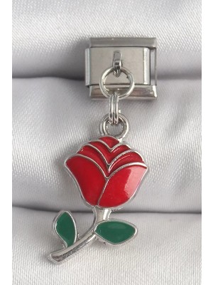 Renas Store Çelik Gümüş Renk Sallantı Kırmızı Gül Model Nomination Charm - TJ-BC1379