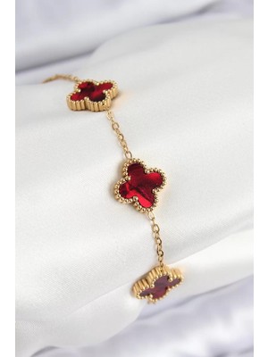 Renas Store Çelik Sedefli Kırmızı Gold Renk Yonca Kadın Bileklik - TJ-BB7666