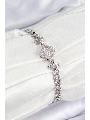 Renas Store Pirinç Zirkon Taşlı Yonca Model Gümüş Renk Kadın Bileklik - TJ-BB7538