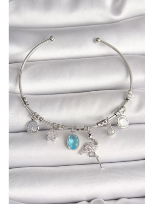 Renas Store Pirinç Gümüş Renk Sallantı Zirkon Taşlı Filaminga Figür Charm Kadın Bileklik - TJ-BB6903