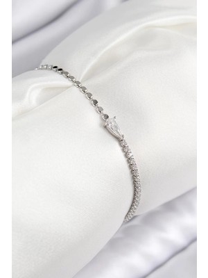 Renas Store Pirinç Zirkon Taşlı Damla Model Ezme Zincir Gümüş Renk Kadın Bileklik - TJ-BB7590