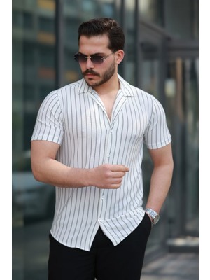 Erkek Kısa Kollu Gri Çizgi Desenli Örme Kumaş Pamuklu Gömlek
