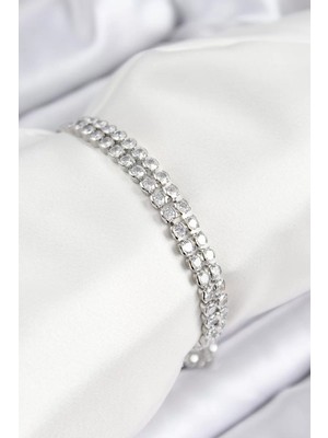 Renas Store Pirinç Zirkon Taşlı Çift Sıra Model Gümüş Renk Asansörlü Kadın Bileklik - TJ-BB7738