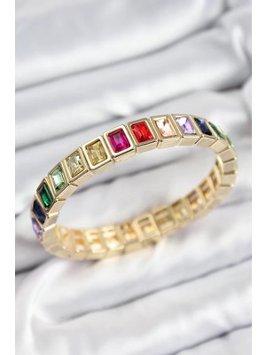 Renas Store Pirinç Karışık Zirkon Taşlı Dikdörtgen Model Gold Renk Lastikli Kadın Bileklik - TJ-BB7493