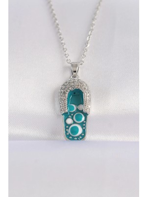 İsingir Shopping Çelik Zincir Zirkon Taşlı Gümüş Renk Nazarlı Terlik Tasarımlı Kolye