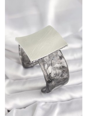 Renas Store Siyah Mermer Desen Akrilik Plastik Gümüş Kare Plaka Model Kadın Bilezik - TJ-BB6671