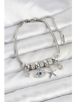 Renas Store Pirinç Gümüş Renk Göz Model Charmlı Kadın Bileklik - TJ-BB8216