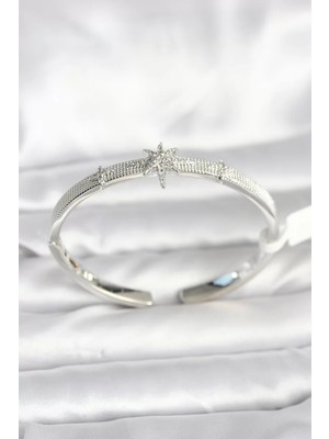 Renas Store Pirinç Gümüş Renk Kutup Yıldızı Model Kadın Kelepçe Bileklik - TJ-BB8092