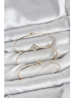 Renas Store Zirkon Taşlı Gold Renk Yonca Tasarım 3'lü Kadın Bileklik Kombini - TJ-BB8353