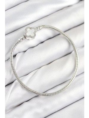 Renas Store Pirinç Charm Zirkon Taşlı Yonca Model Gümüş Renk Kadın Bileklik - TJ-BB7799