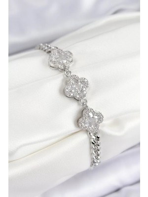 Renas Store Pirinç Zirkon Taşlı Yonca Model Gümüş Renk Kadın Bileklik - TJ-BB7546