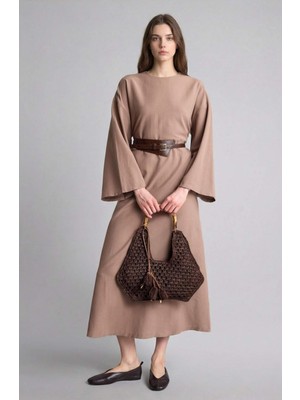 DeFacto Loose Fıt Bisiklet Yaka Keten Karışımlı Uzun Kollu ELBISE H3740AX26SM