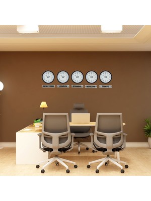 MidasTech Elegant Siyah 36 cm 5 Li Tabelalı Dünya Saatleri