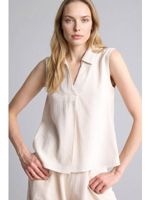 DeFacto Regular Fit Gömlek Yaka Keten Karışımlı Kısa Kollu Bluz H3127AX26SM