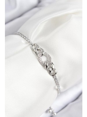 Renas Store Pirinç Zirkon Taşlı Zincir Model Gümüş Renk Asansörlü Kadın Bileklik - TJ-BB7734