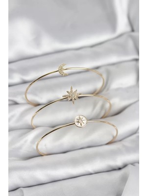 Renas Store Gold Renk Zirkon Taşlı Kutup Yıldızı Model 3'lü Kadın Bileklik Kombini - TJ-BB8355