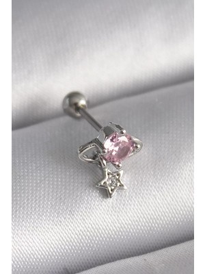 Renas Store Çelik Gümüş Renk Pembe Zirkon Taşlı Sallantı Yıldız Detay Tragus Piercing - TJ-PR1237