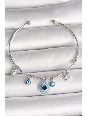 Renas Store Pirinç Gümüş Renk Sallantı Zirkon Taşlı Nazar Boncuk Figür Charm Kadın Bileklik - TJ-BB6911