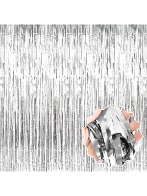 Renas Store Gümüş Renk Ekstra Metalize Parlak Saçaklı Arka Fon Perde Ithal 1x2 Metre