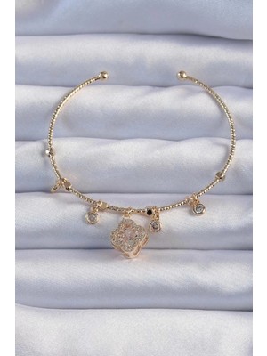 Renas Store Pirinç Altın Renk Zirkon Taşlı Yonca Model Charm Bileklik - TJ-BB6327