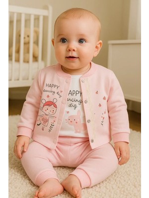 Senka Happy Dancing Desenli 3'lü Hırkalı Kız Bebek Takım